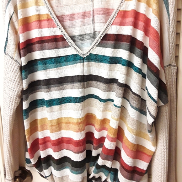 Rainbow Striped Knit V Neck Tie Boho Flowy Top L - Picture 2 of 7